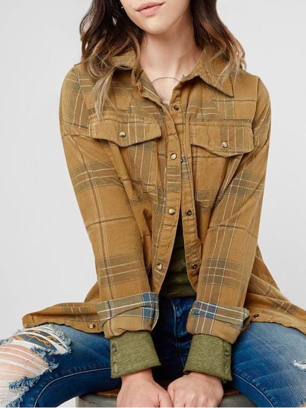 Gilded Intent Plaid Pearl Snap Down Corduroy Shirt Jacket